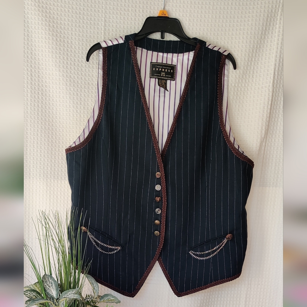 Express Mens Navy Pin Striped Vest w/Brown Trim Size Large